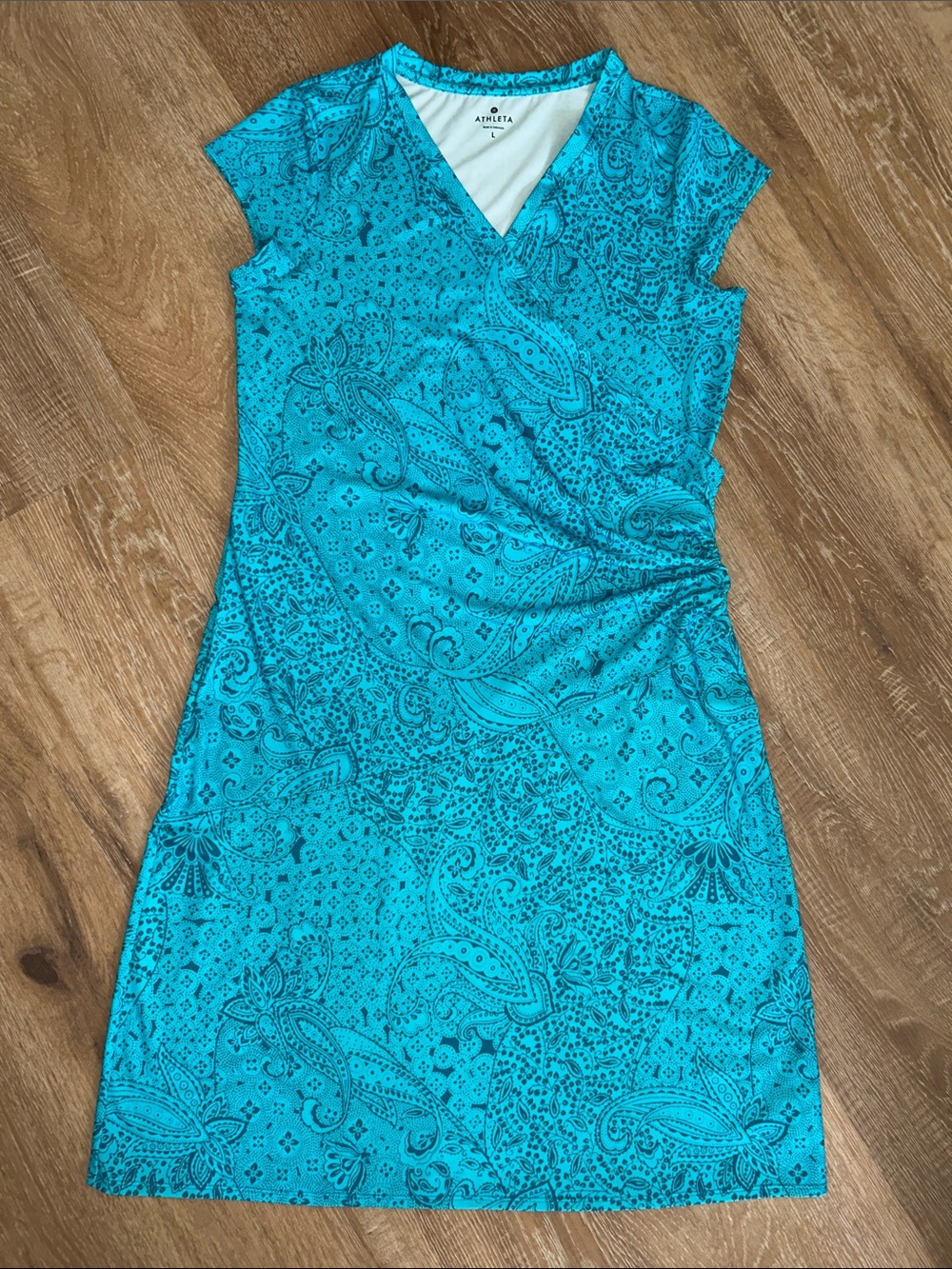 Athleta Turquoise Paisley V-Neck faux wrap, side ruched  Midi Dress size Large